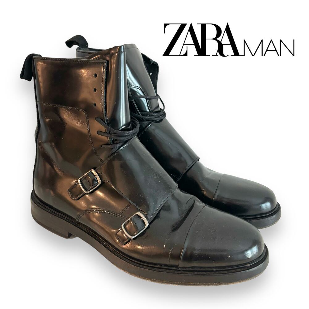 Zara Man Monk Strap Ankle Boots Size 43 Mens 10 Black Moto Combat Lace-Up Gothic